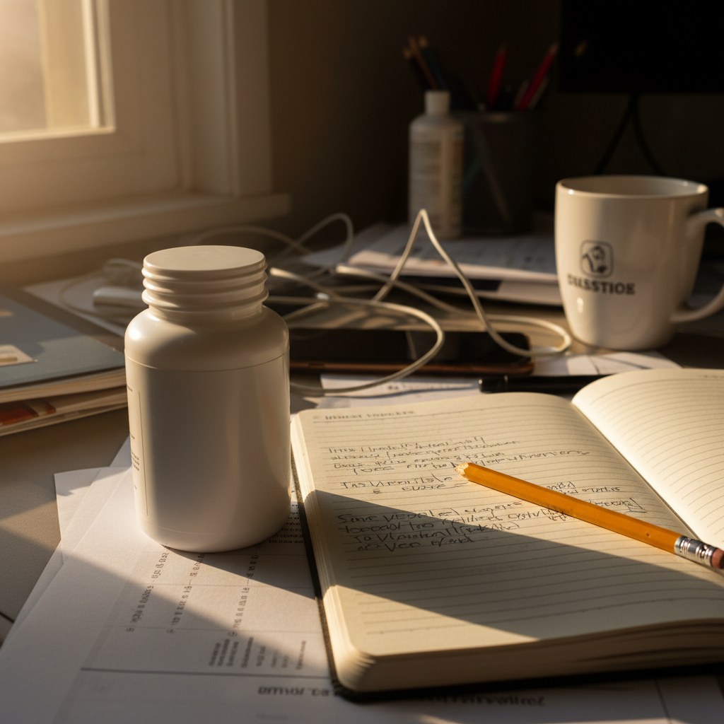 White magnesium bottle beside a worn handwritten notebook and pencil on a cluttered home desk